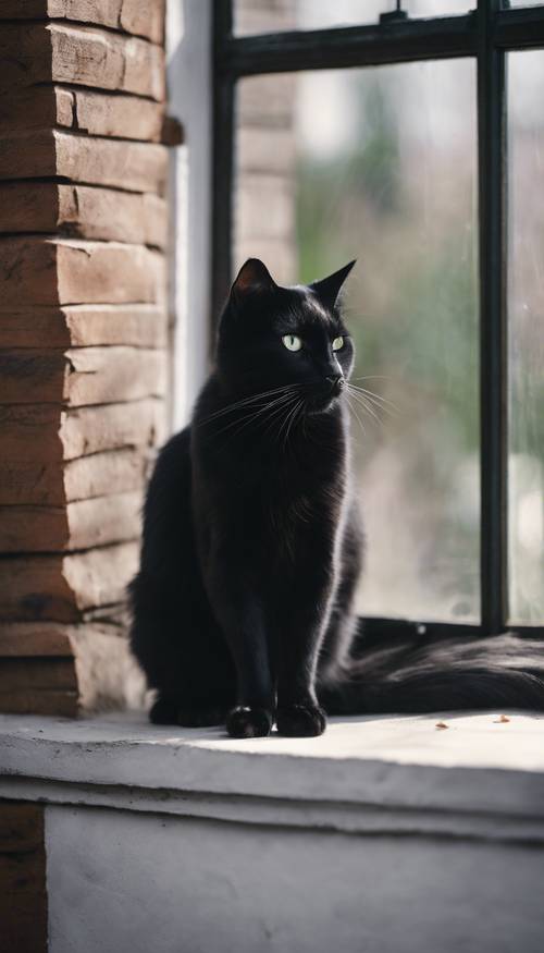 Widok z boku czarnego kota o uderzających czarnych oczach, pełnych tajemnicy i intrygi, wyglądającego przez okno.