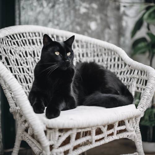 白いボヘミアンスタイルの籐製椅子に寝そべる黒猫