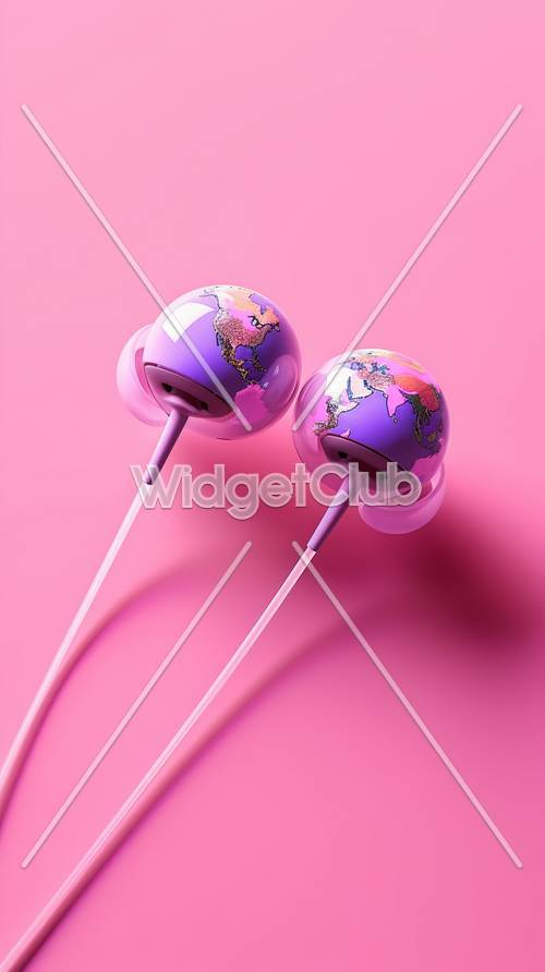 Écouteurs roses avec motif globe