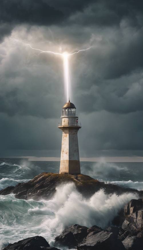 Живописный вид на маяк, излучающий лучи света среди бурного моря. Обои [b45ea14e7cd844579355]