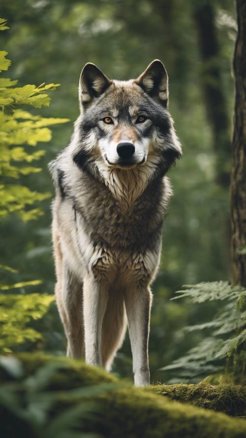 Un elegante lobo gris con ojos dorados en medio de un frondoso bosque verde.