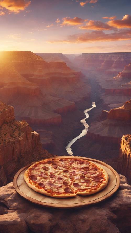 A magical pizza gracefully floating over the Grand Canyon at sunrise.