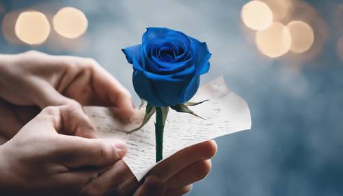 Uma mão segurando uma rosa azul com uma carta de amor ao fundo.