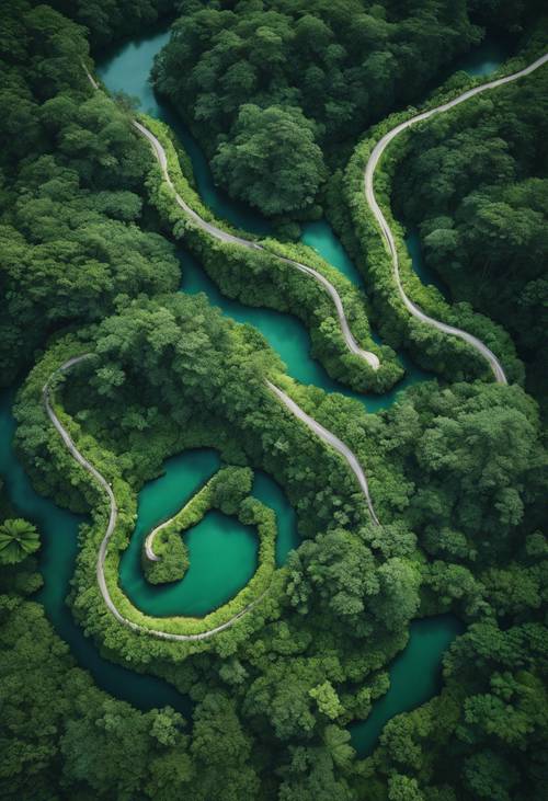 뒤틀린 짙은 녹색의 구불구불한 강이 울창한 열대 우림을 통과하여 길을 가로지르는 모습.