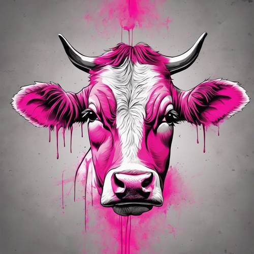 Huellas de vaca abstractas, delineadas en rosa fuerte, distribuidas hábilmente sobre un fondo gris hormigón.