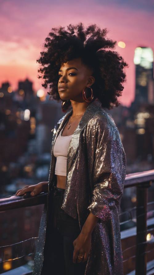New York&#39;un bir çatı katında kendinden emin bir şekilde duran ışıltılı siyahi bir kız, afro saç modeli canlı şehir ışıklarıyla oynuyor.
