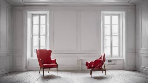Une pièce nue et minimaliste avec des murs d’un blanc éclatant et une seule chaise rouge vif au centre.