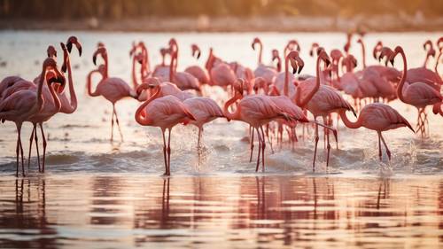 A flock of pink flamingos feeding in the shallow waters of a tropical beach during high tide.