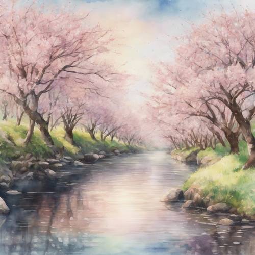 一幅淡色水彩画，描绘的是宁静的河流两岸的樱花树。