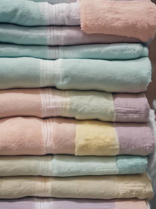 A stack of pastel colored linen towels in a boutique store.