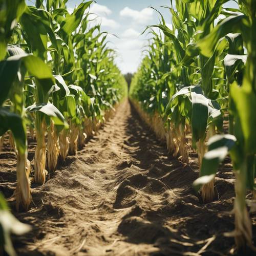 Rows of corn growing steadily in a farmland under the glaring summer sun. Taustakuva [dd32c63506f9454d8d62]