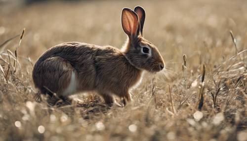 Małe, dzikie króliki pasące się na dużym polu czarnej trawy.