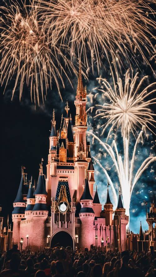 Orlando's Magic Kingdom in Florida, Cinderella's castle dazzling under a spectacular fireworks display.