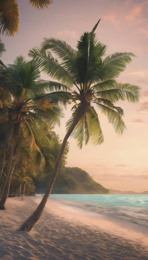 Una vista panorámica de una tranquila playa tropical durante un suave amanecer.