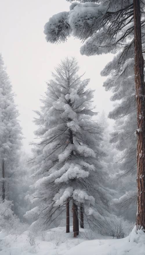 Una foresta di pini minimalista ricoperta di neve fresca e bianca, sotto un pallido cielo mattutino