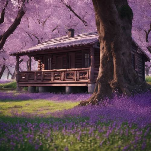 A brown log cabin beside a grove of Purple-Leaf Plum trees.