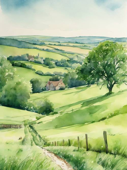 ציור בצבעי מים של סצנה פסטורלית ירוקה בהירה באזור הכפרי האנגלי המתגלגל.