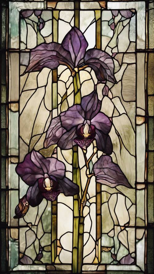 An antique stained glass window portraying the rare beauty of a black orchid.