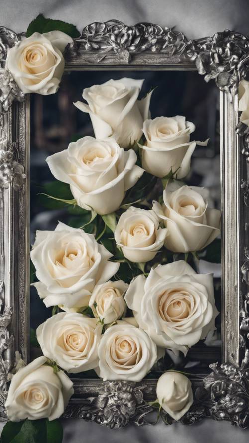 White roses arranged around a family portrait in an antique silver frame.
