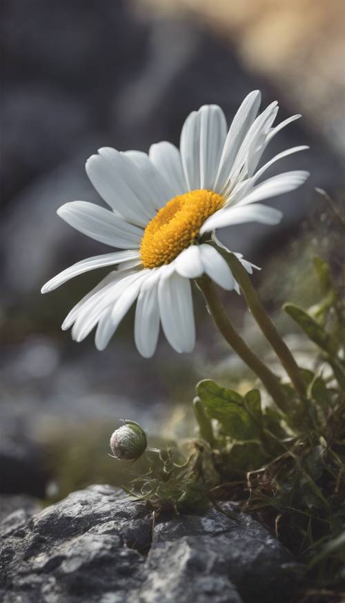 Engebeli bir yamaçtaki kayaların arasında meydan okurcasına çiçek açan yalnız bir papatya.