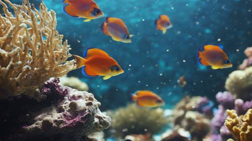 Eine extreme Nahaufnahme des Meereslebens einer tropischen Insel, mit einem Schwarm farbenfroher Fische in der Nähe eines Korallenriffs.