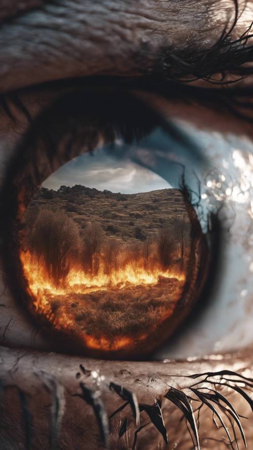 A charred landscape reflected in the eye of a survivor. Tapet [5991a65b47544bb2819c]