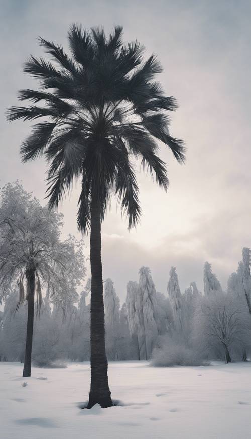 A stark landscape dominated by a towering black palm tree in a field of snow.