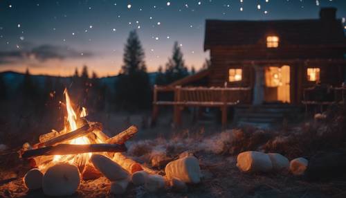 Un feu de camp chaleureux et crépitant sous un ciel nocturne étoilé, où l&#39;odeur des guimauves grillées remplit l&#39;air.