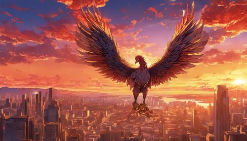 An anime phoenix rising from the ashes, set against a breathtaking sunset backdrop.