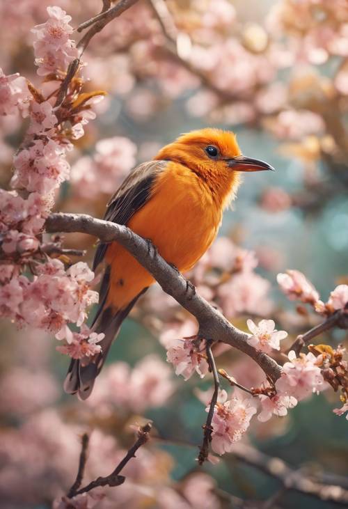 一隻橘色的小鳥棲息在開花的樹枝上，唱著一首悠揚的歌。