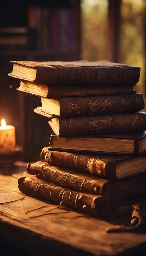 A stack of grimoires atop a wooden desk, lit by the warm glow of a witch’s spell. Tapeta [e22f451c322949abbfe3]