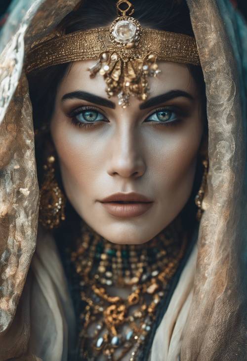 A cool paint portrait of a mysterious woman with enigmatic eyes, draped in beautiful vintage apparel and adorned with timeless jewelry. Валлпапер [aa3b0aa393c1498e97a1]