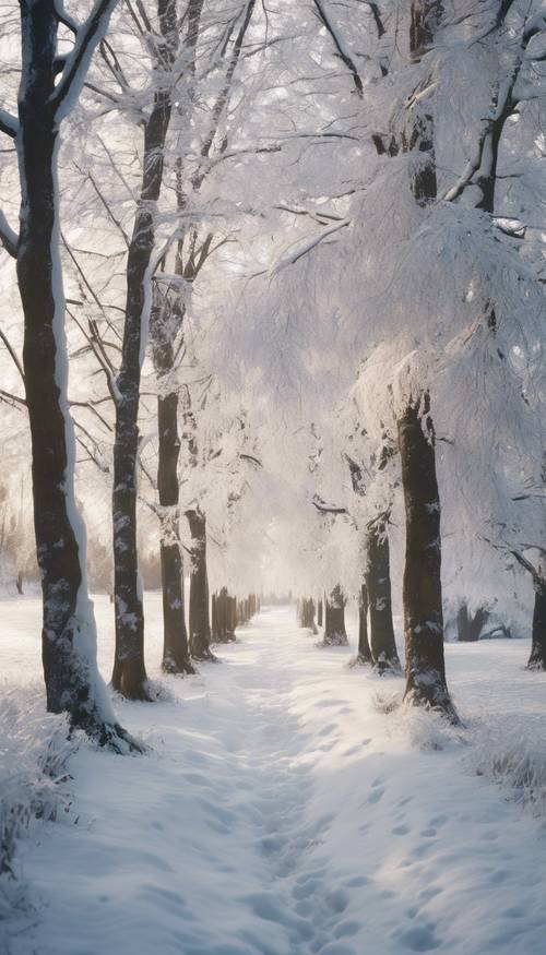 一个清爽的冬日早晨，新鲜的白雪覆盖着地面和树木。