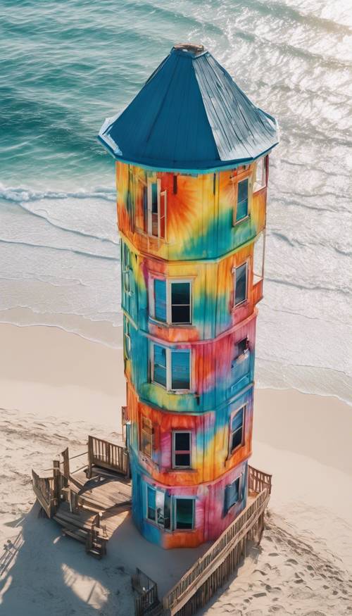 A bird's-eye-view of a tie-dye beach tower against white sandy beach.