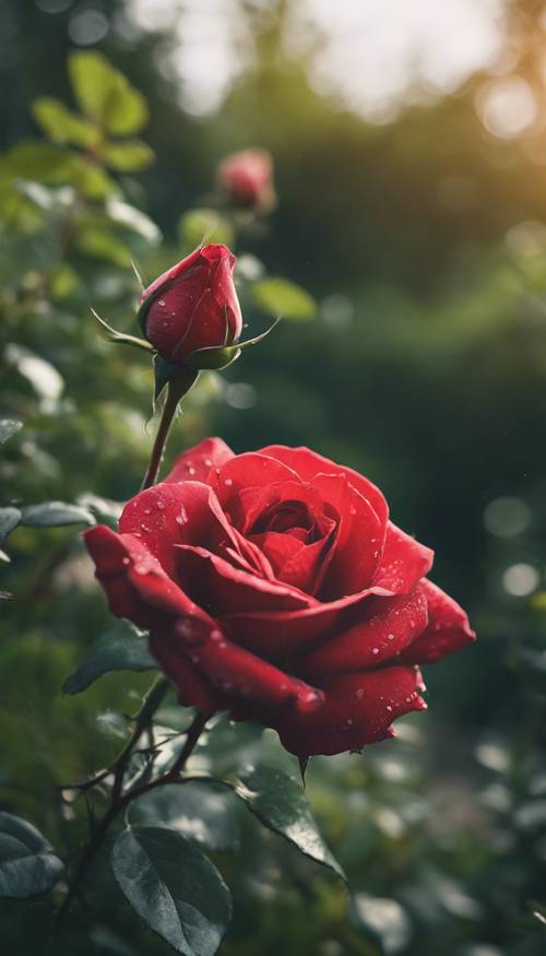 Close-up view of a delicate red rose growing in a vibrant green garden. Tapet [40bec8e3291149cd8d3a]