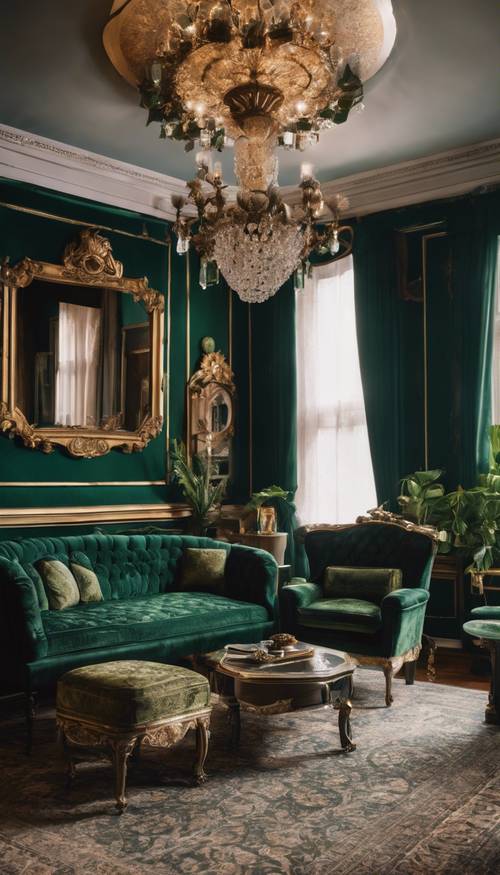 A beautiful parlor room in a Victorian mansion, adorned with dark green damask furniture and gold accessories.