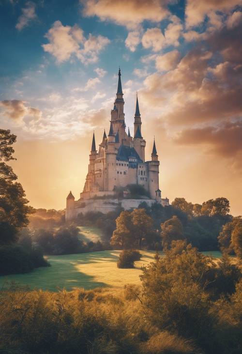 A grand castle during a brillant sunrise, its tall, proud towers reaching for the azure skies. Tapet [c230b577bedc41f5b408]