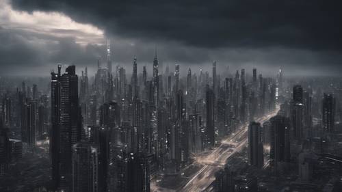 Un paisaje urbano futurista en negro y gris bajo un cielo nocturno nublado.