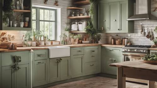 A welcoming farmhouse kitchen with sage green painted cabinets. Tapet [c12d10347b5649e0977a]