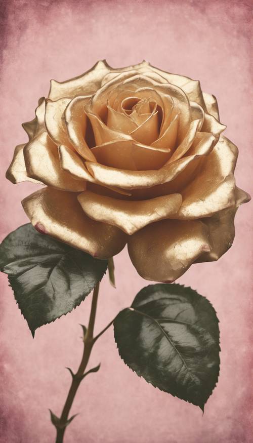 金色和粉红色维多利亚玫瑰的复古风格插图。
