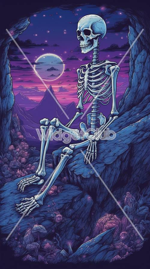 Esqueleto iluminado por la luna en un misterioso paisaje púrpura
