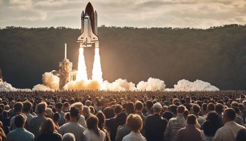 A crowd watching a space shuttle launch in spectacular fashion.