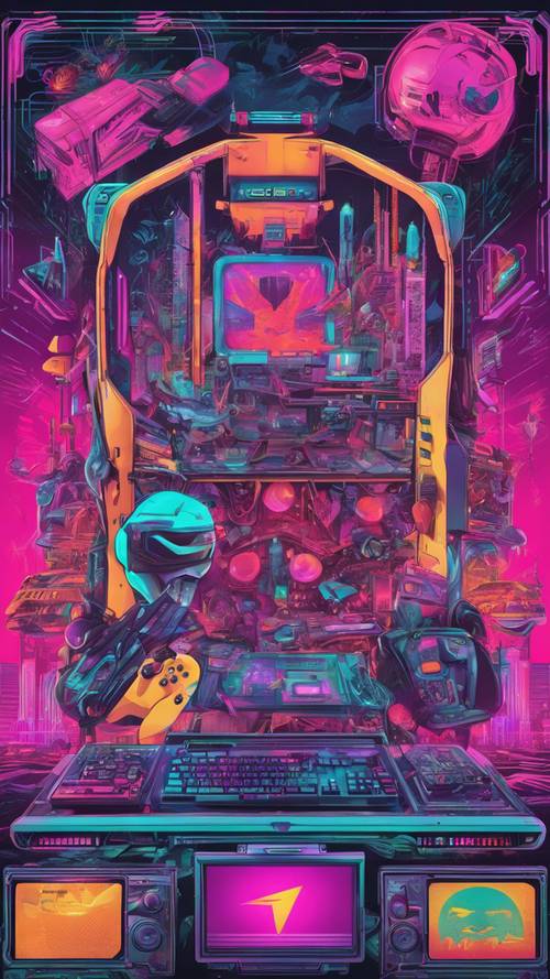 Poster of a gaming festival, bursting with a range of colors, digital art, and gaming icons.