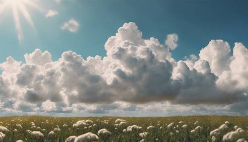 ציור ילדותי של יום שמש עם כמה עננים לבנים רכים בצורת משעשע הפרוסים באומנות על פני השמים.