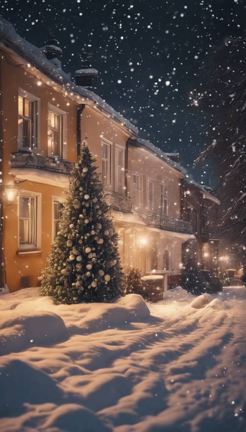 An atmospheric snowfall at night, against the backdrop of festively decorated houses.