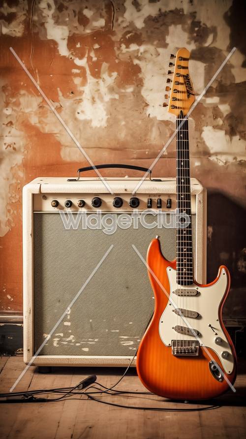Guitarra elétrica e amplificador em fundo vintage