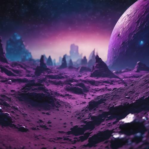 An alien planet's surface rendered in deep, saturated purples and indigo tones.