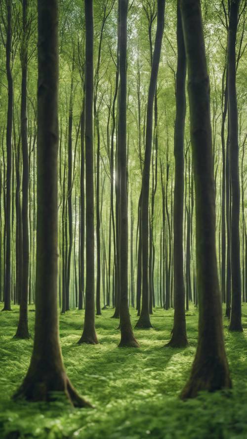 Un paysage à couper le souffle d’une forêt avec des arbres aux troncs rayés de vert.