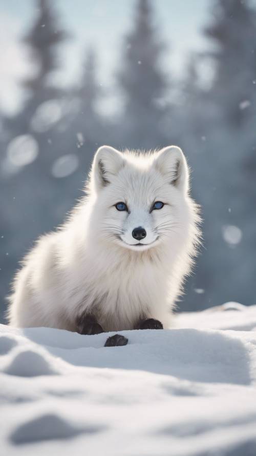 Uroczy lis polarny w białym zimowym futrze, siedzący na śnieżnym krajobrazie.