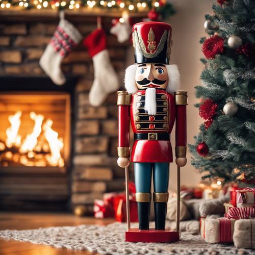 Customary wooden nutcracker soldier standing guard besides a roaring fireplace, surrounded by knitted Christmas stockings.